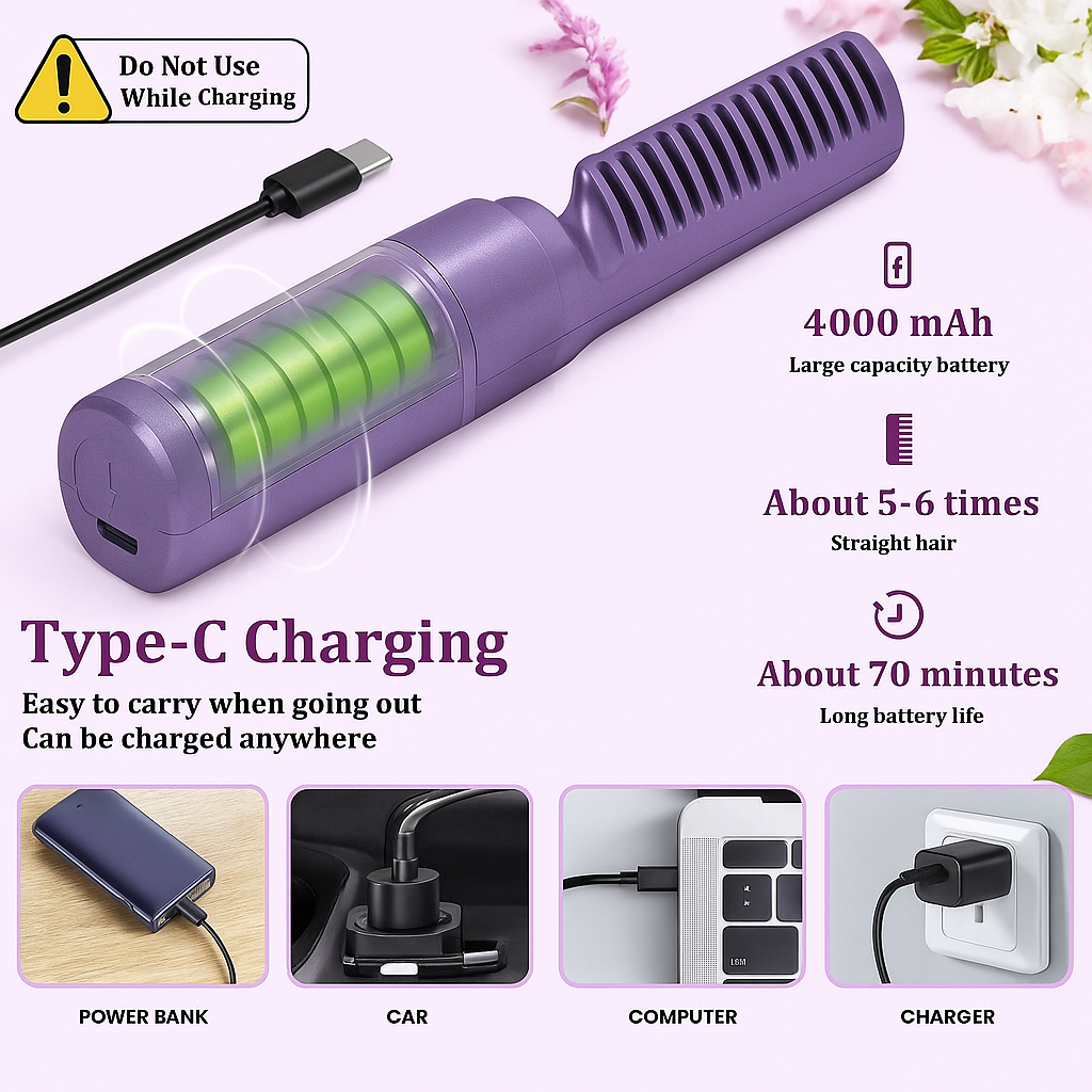 Meneflix Portable Mini Hair Straightener | Cordless Rechargeable Adjustable Hot Comb | Compact Travel-Friendly Hair Straightener for Quick Styling