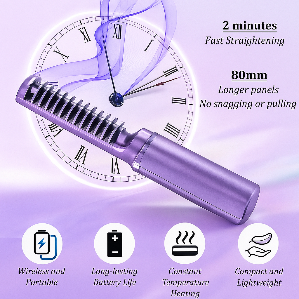 Meneflix Portable Mini Hair Straightener | Cordless Rechargeable Adjustable Hot Comb | Compact Travel-Friendly Hair Straightener for Quick Styling